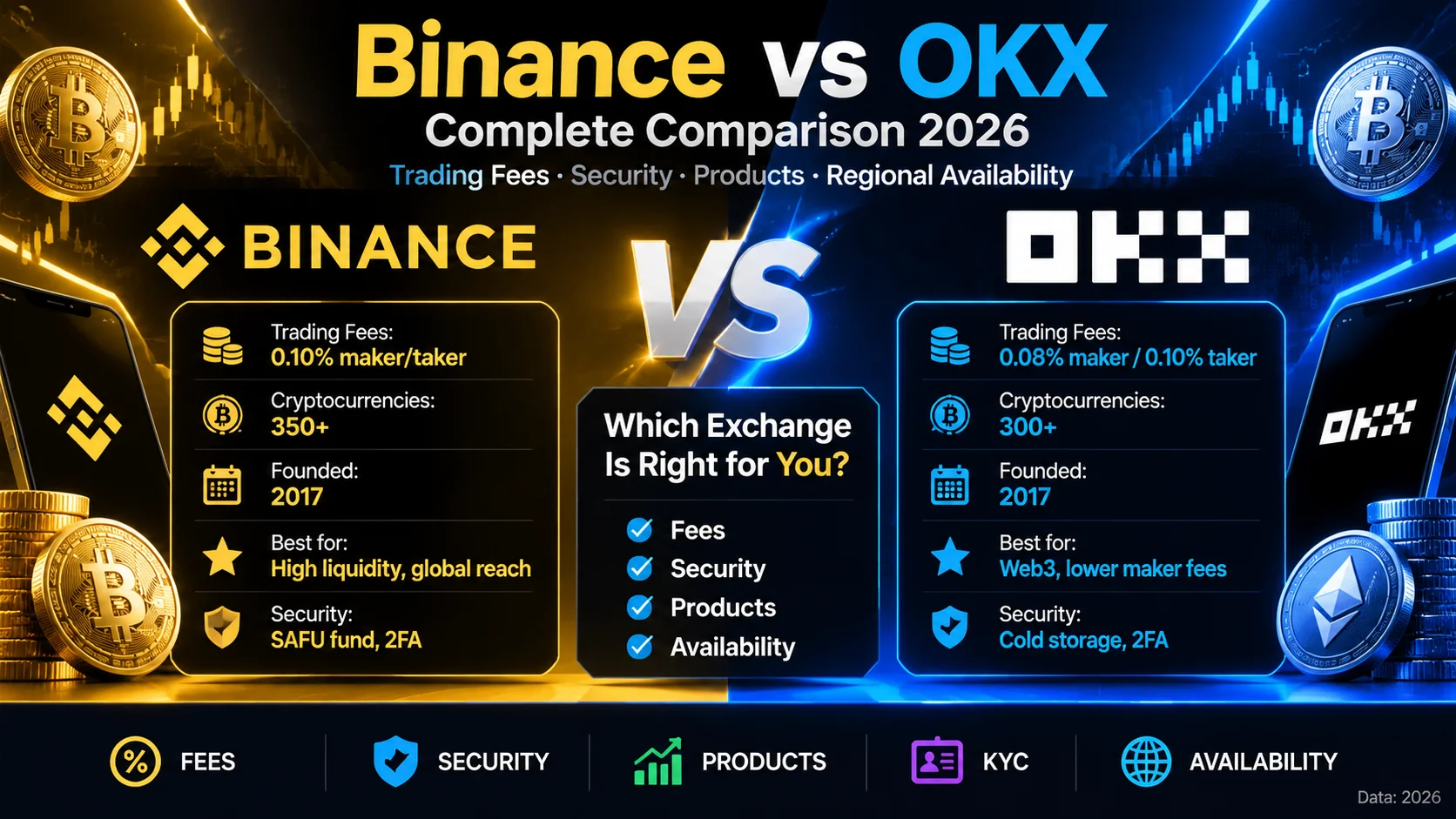 Binance vs OKX exchange comparison — side-by-side of fees, availability, KYC, and products