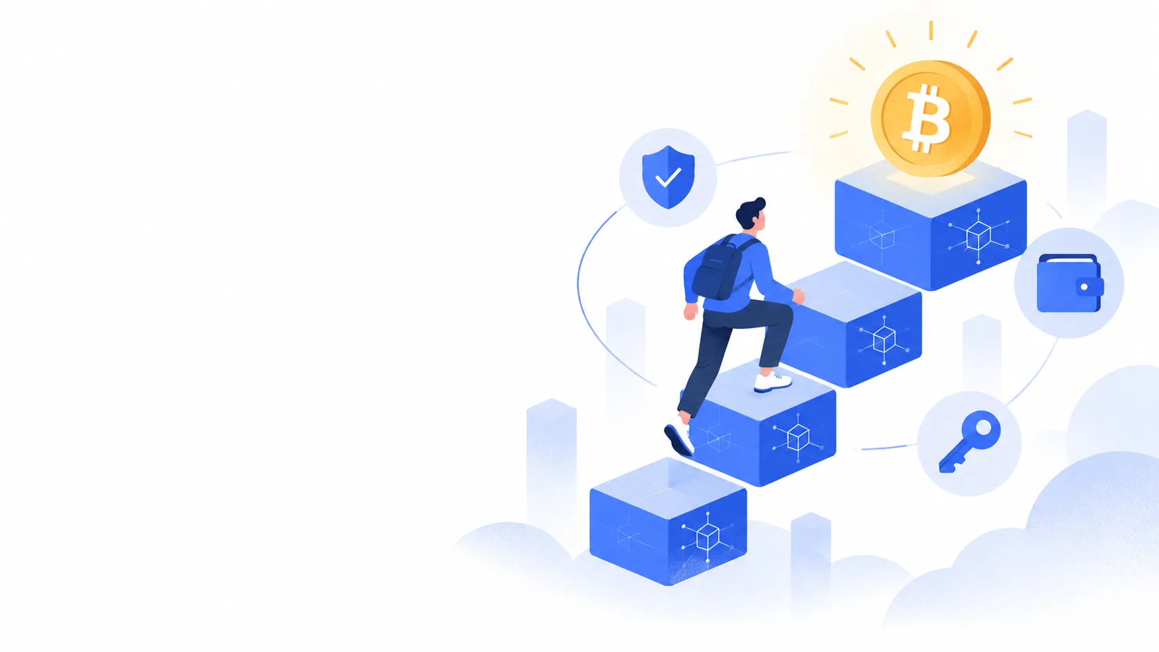 Illustration of a person climbing blockchain blocks toward a glowing bitcoin coin, surrounded by security and wallet icons